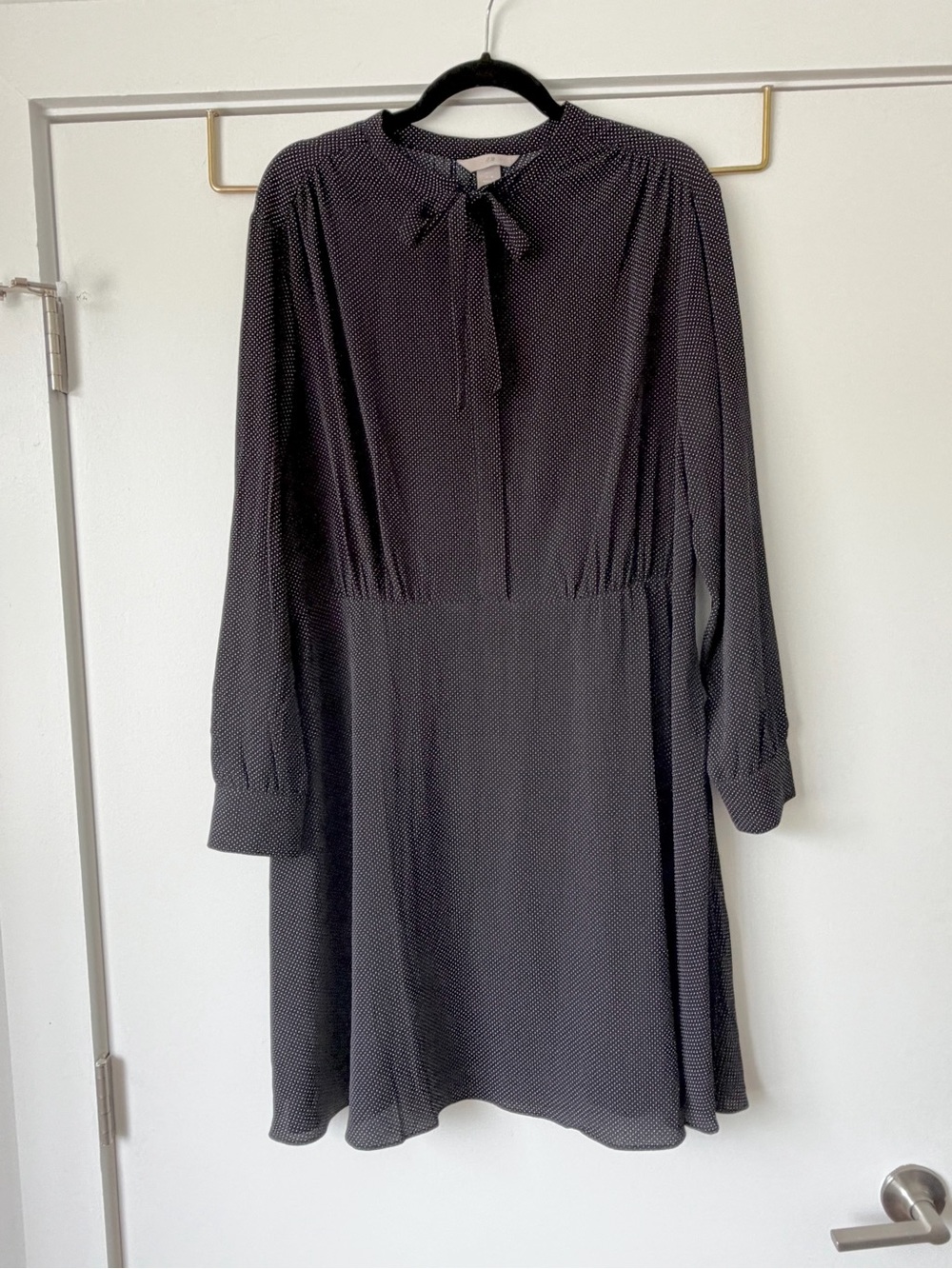 Women's Black Polka Dot Long-Sleeve Tie-Neck Dress